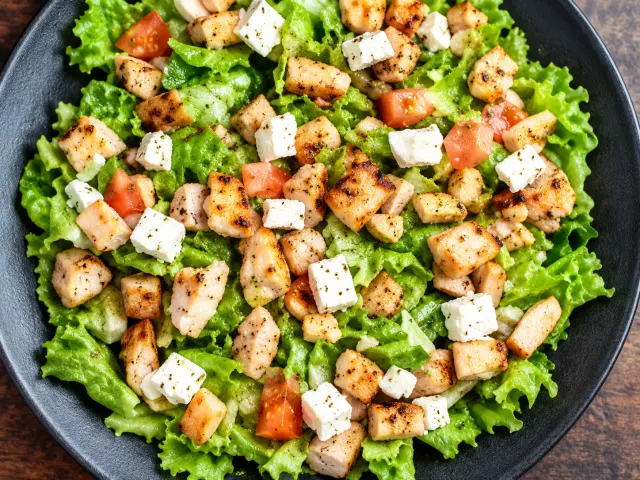Salada de alface com cubos de frango grelhado, queijo branco e tomate