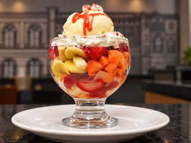 Taça de salada de frutas com sorvete, chantili e calda vermelha